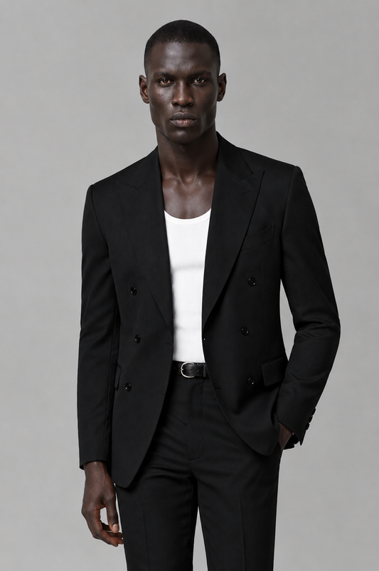 Savile Men's Black Double Breasted Slim Fit 2-Piece Suit Set – Blazer & Trousers | Wedding Gala Formal - Black - Black_01
