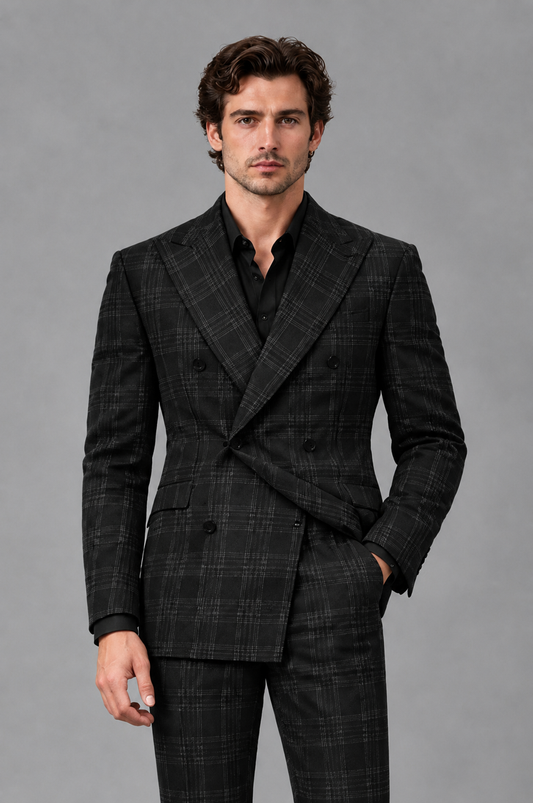 Savile Men's Rust Plaid 2-Piece Double-Breasted Suit – Peak Lapel Slim-Fit Jacket & Trousers Set - Black - Black