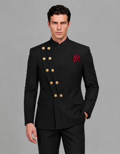 BOLODOO Men's Black Asymmetrical Mandarin Collar Tuxedo Suit – Modern 2-Piece Gold Button Wedding, Prom & Gala Set - Black - Black_01