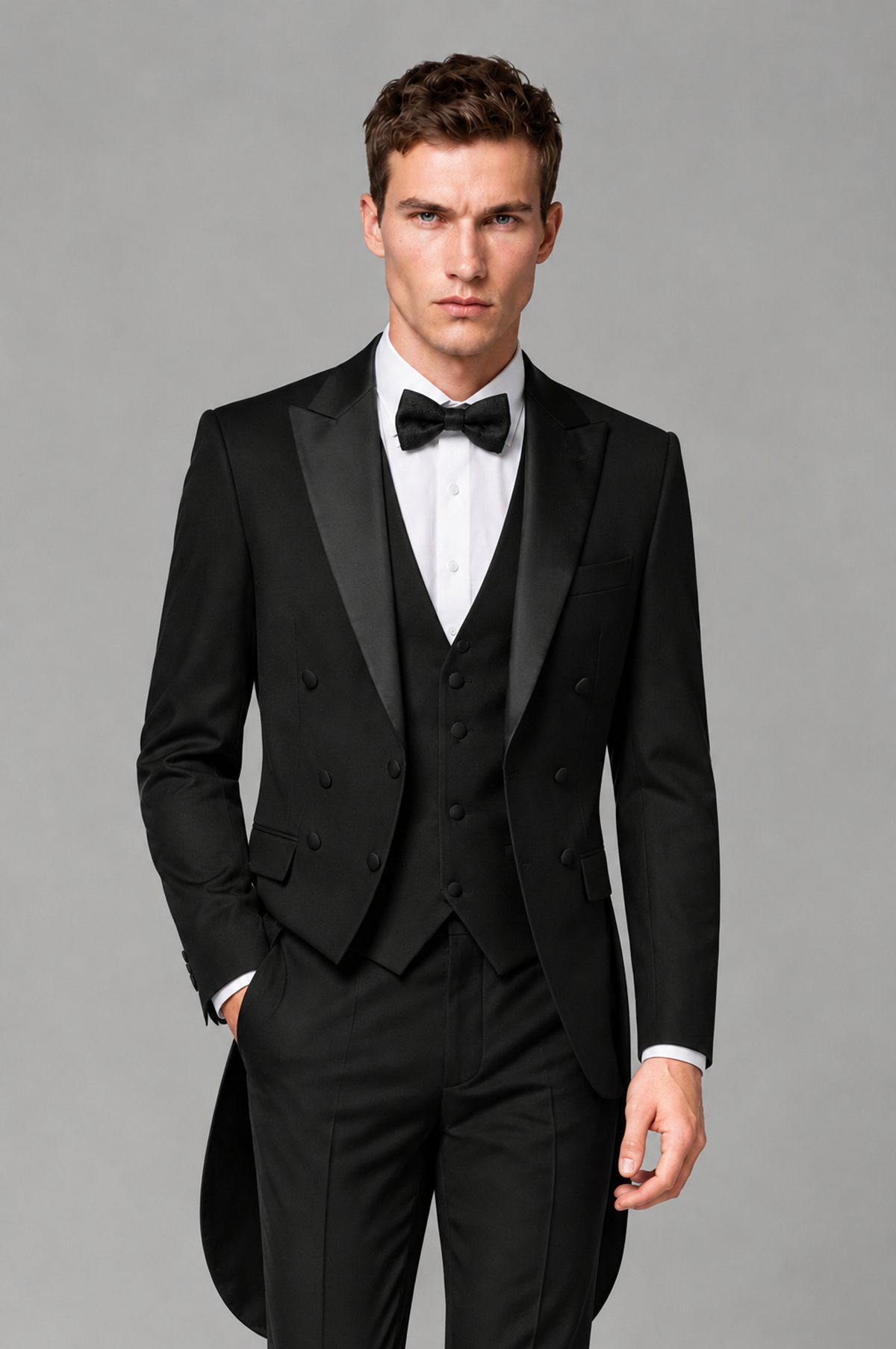 Savile Black 3-Piece Tailcoat Tuxedo Suit with Black Peak Lapel - Black - Black_01