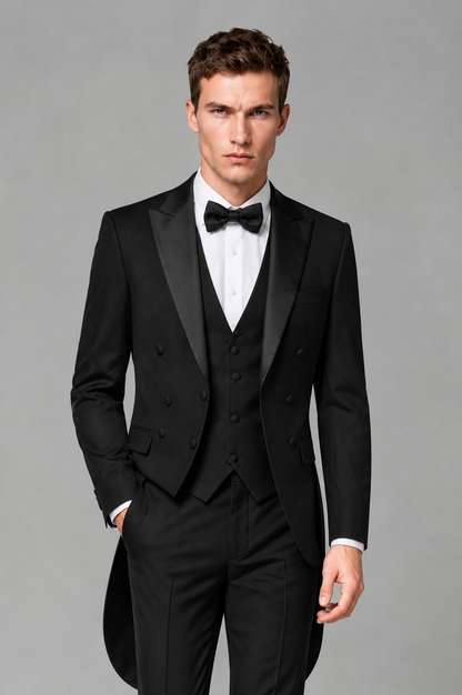 Savile Black 3-Piece Tailcoat Tuxedo Suit with Black Peak Lapel - Black - Black_01