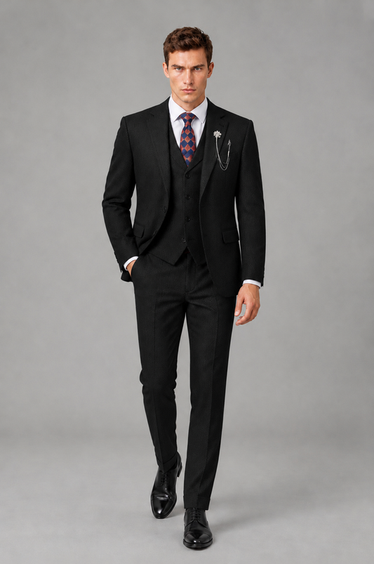 Savile Men's Grey Notch Lapel 3-Piece Suit Set | Jacket, Vest & Trousers - Black - Black