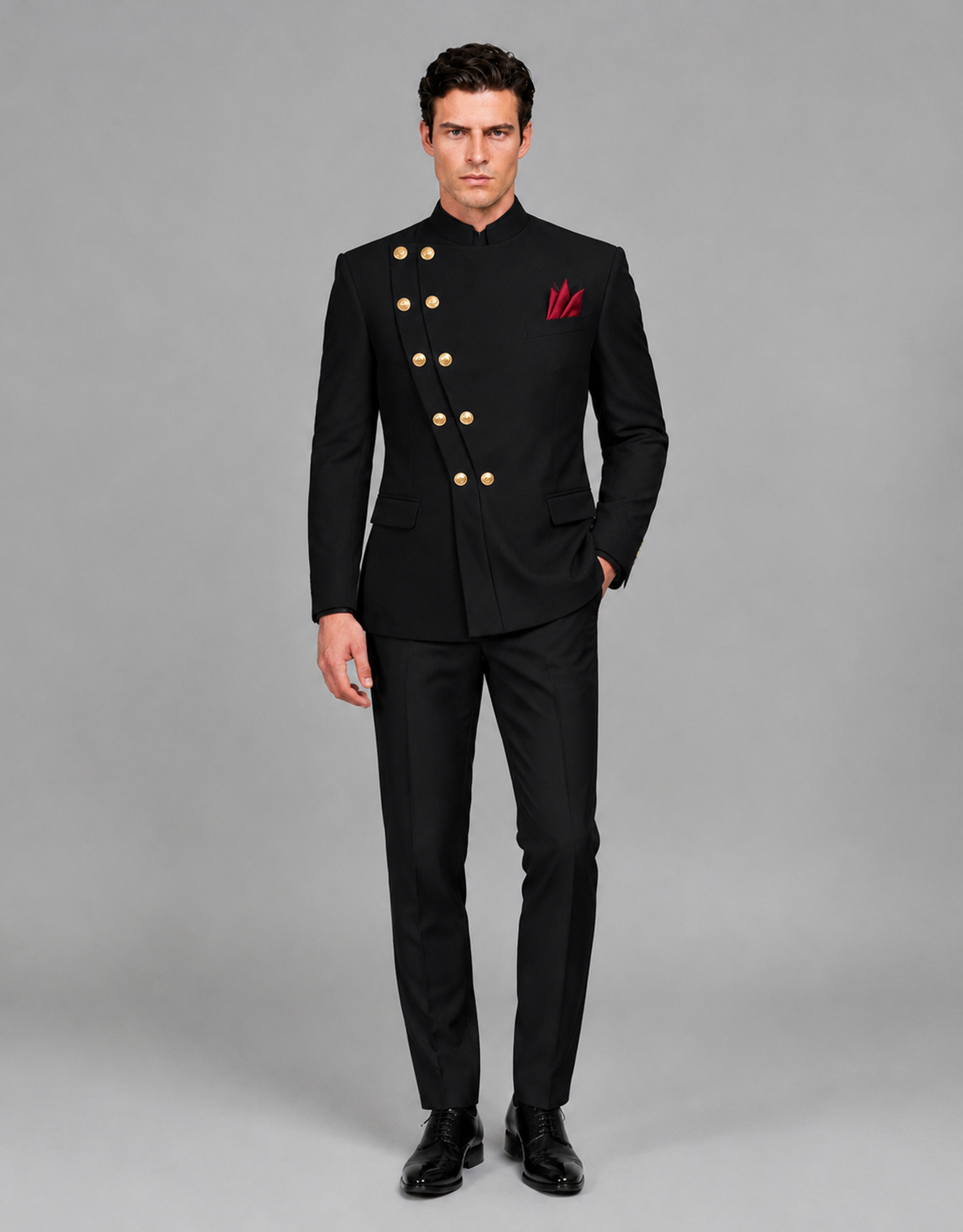 BOLODOO Men's Black Asymmetrical Mandarin Collar Tuxedo Suit – Modern 2-Piece Gold Button Wedding, Prom & Gala Set - Black - Black_02