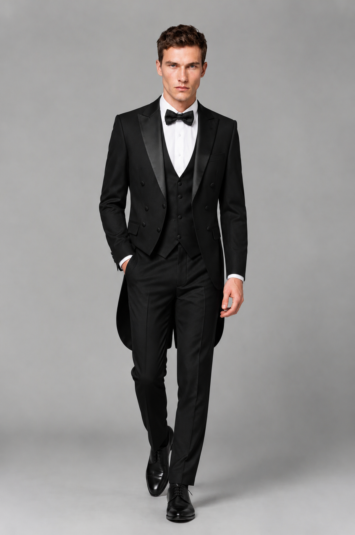 Savile Black 3-Piece Tailcoat Tuxedo Suit with Black Peak Lapel - Black - Black_02