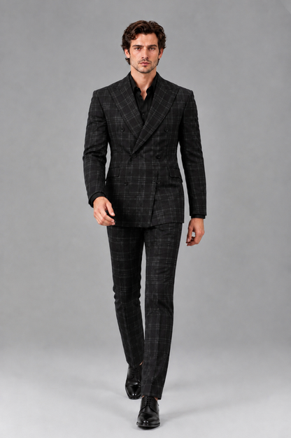 Savile Men's Rust Plaid 2-Piece Double-Breasted Suit – Peak Lapel Slim-Fit Jacket & Trousers Set - Black - Black