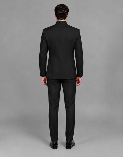BOLODOO Men's Black Asymmetrical Mandarin Collar Tuxedo Suit – Modern 2-Piece Gold Button Wedding, Prom & Gala Set - Black - Black_03
