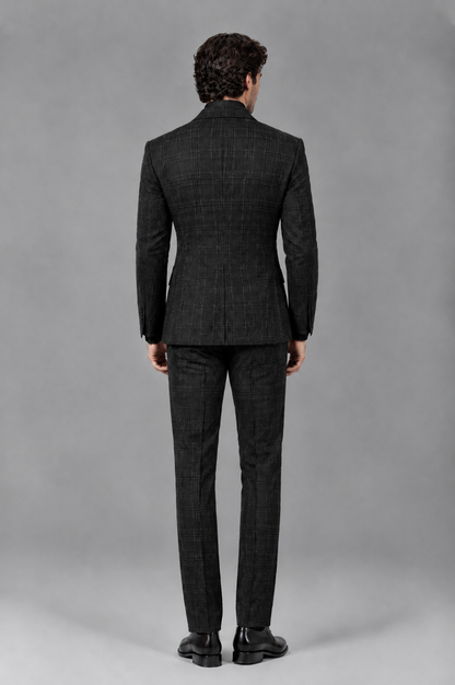 Savile Men's Rust Plaid 2-Piece Double-Breasted Suit – Peak Lapel Slim-Fit Jacket & Trousers Set - Black - Black