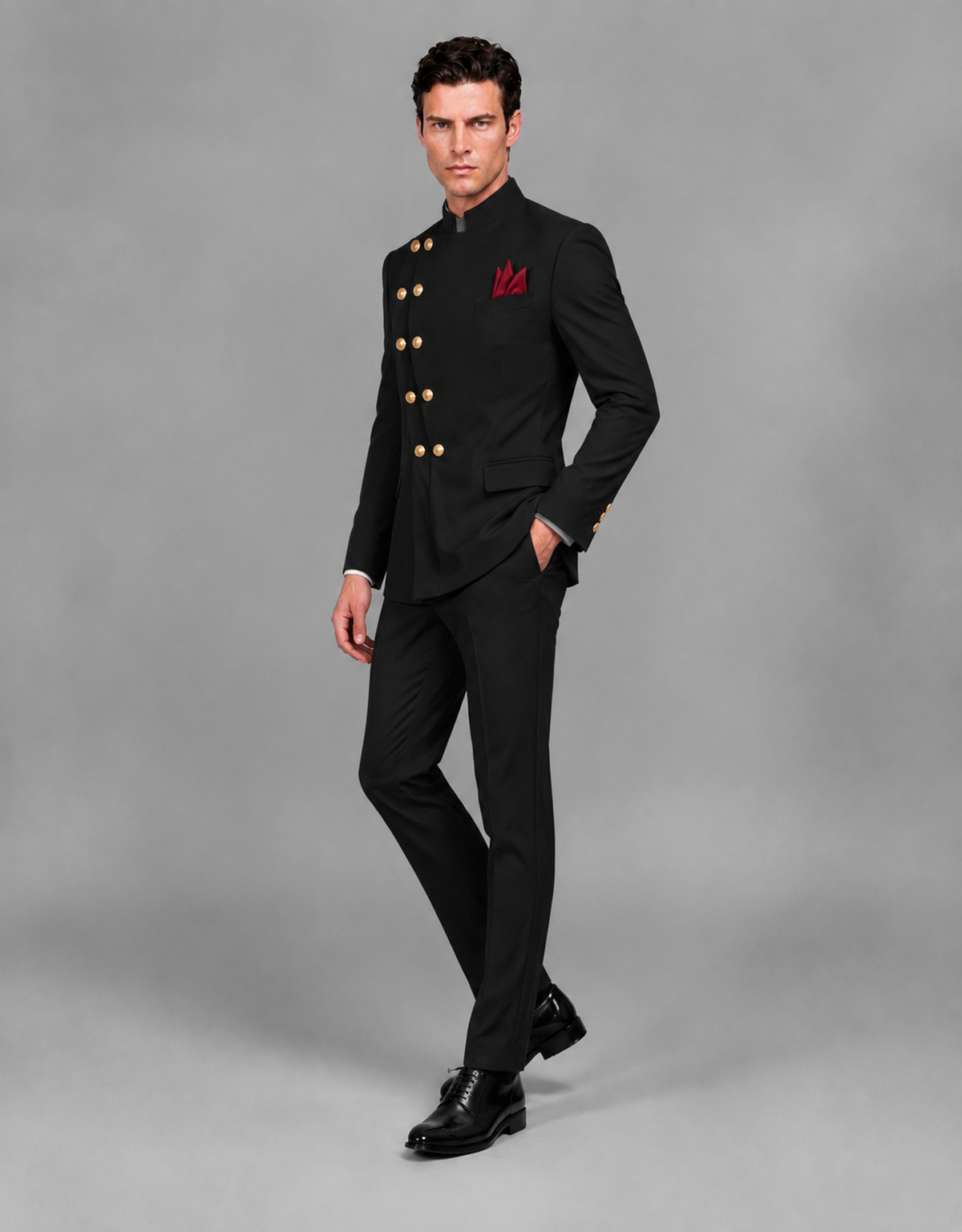 BOLODOO Men's Black Asymmetrical Mandarin Collar Tuxedo Suit – Modern 2-Piece Gold Button Wedding, Prom & Gala Set - Black - Black_04