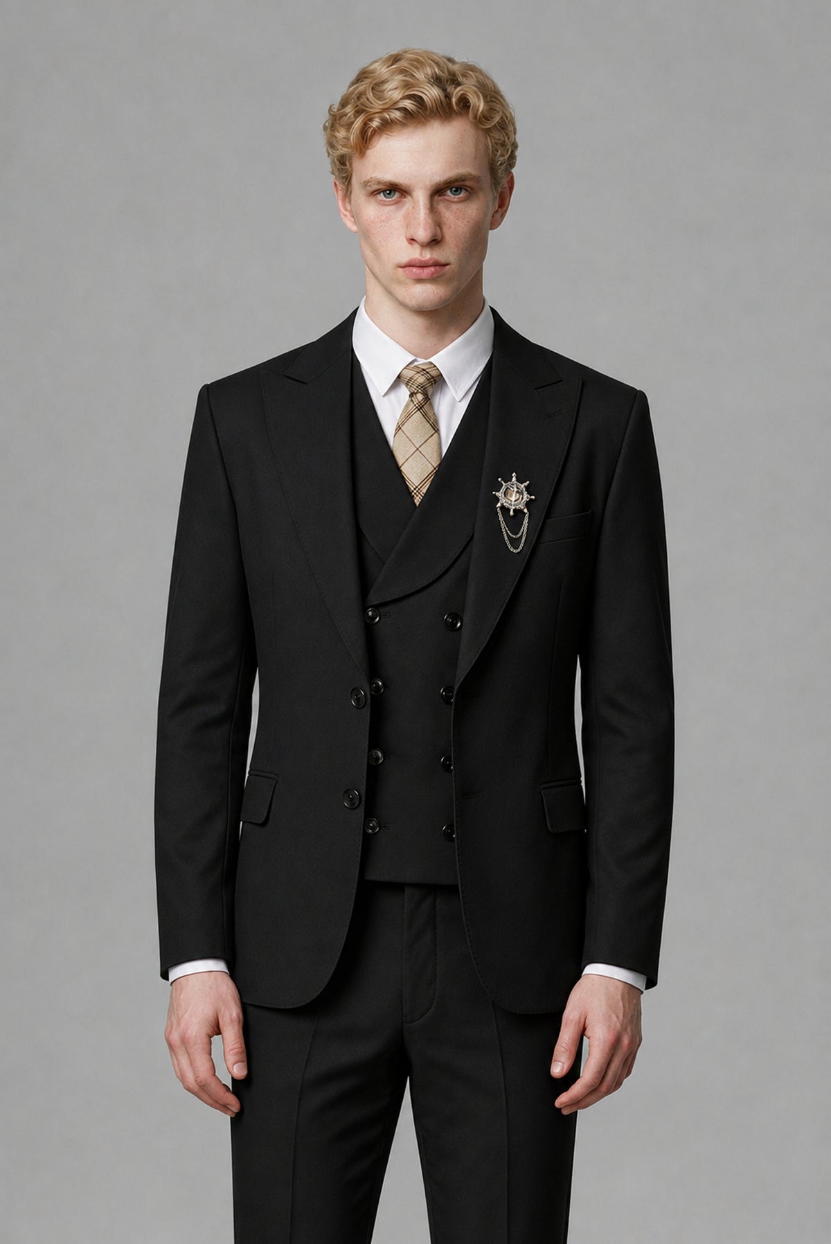 Savile Men's Black Three-Piece Wedding Suit with Double-Breasted Waistcoat - Black