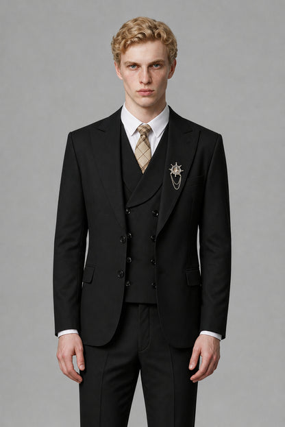 Savile Men's Black Three-Piece Wedding Suit with Double-Breasted Waistcoat - Black