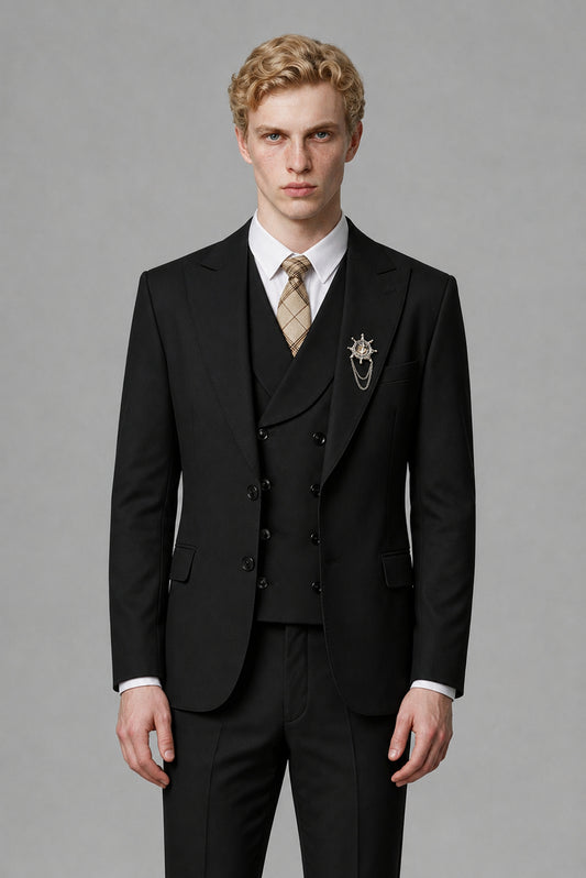 Savile Men's Black Three-Piece Wedding Suit with Double-Breasted Waistcoat - Black