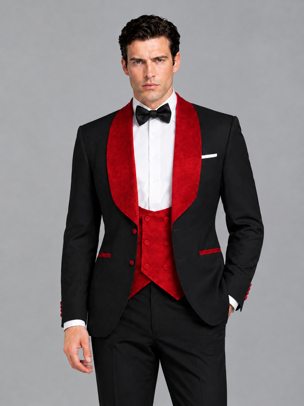 Savile Men's Black 3-Piece Tuxedo Suit Set – Contrast Red Shawl Lapel Blazer, Red Waistcoat & Trousers - SUC020 - Black