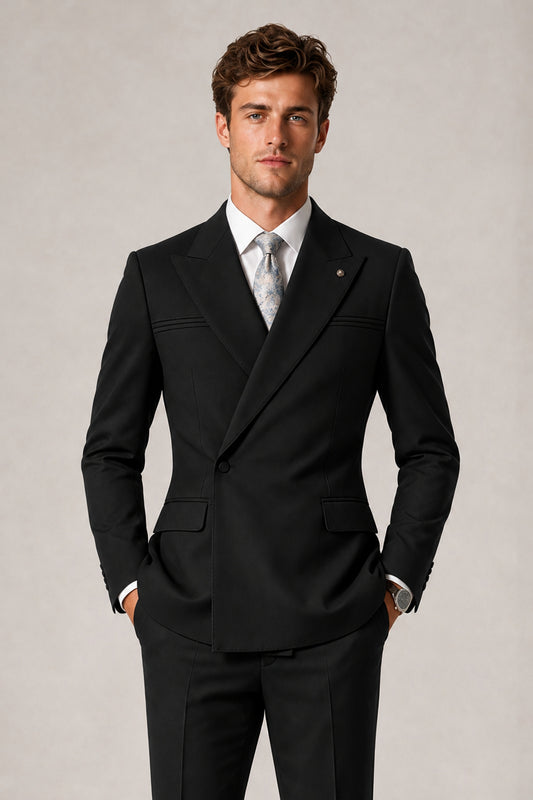 Savile Men's Black Double-Breasted Slim Fit 2-Piece Suit Set – Peak Lapel Blazer & Cuffed Trousers | Wedding Prom Formal - Black