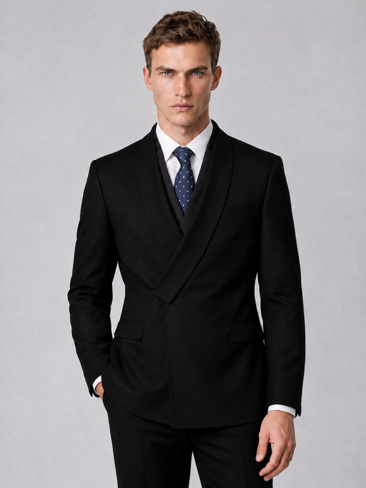 Savile Men's Black Wrap Shawl Lapel 2-Piece Suit Set – Modern Jacket & Trousers - Black - Black_1