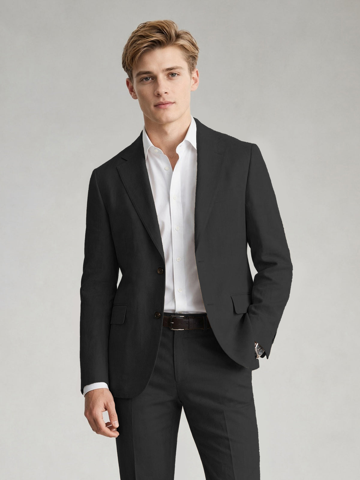 Savile Men's Sand Khaki Linen-Blend 2-Piece Suit Set – Two-Button Notch Lapel Slim-Fit Blazer & Slim Trousers - Black - Black