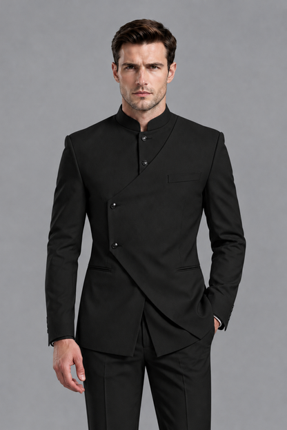 Savile Men's Black Asymmetrical Mandarin Collar Tuxedo Suit – Modern 2-Piece Gold Button Wedding, Prom & Gala Set - Black - Black_1