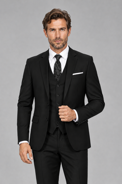 Savile Men's Black 3-Piece Suit Set – Notch Lapel Blazer, Vest & Trousers - Black - Black_1
