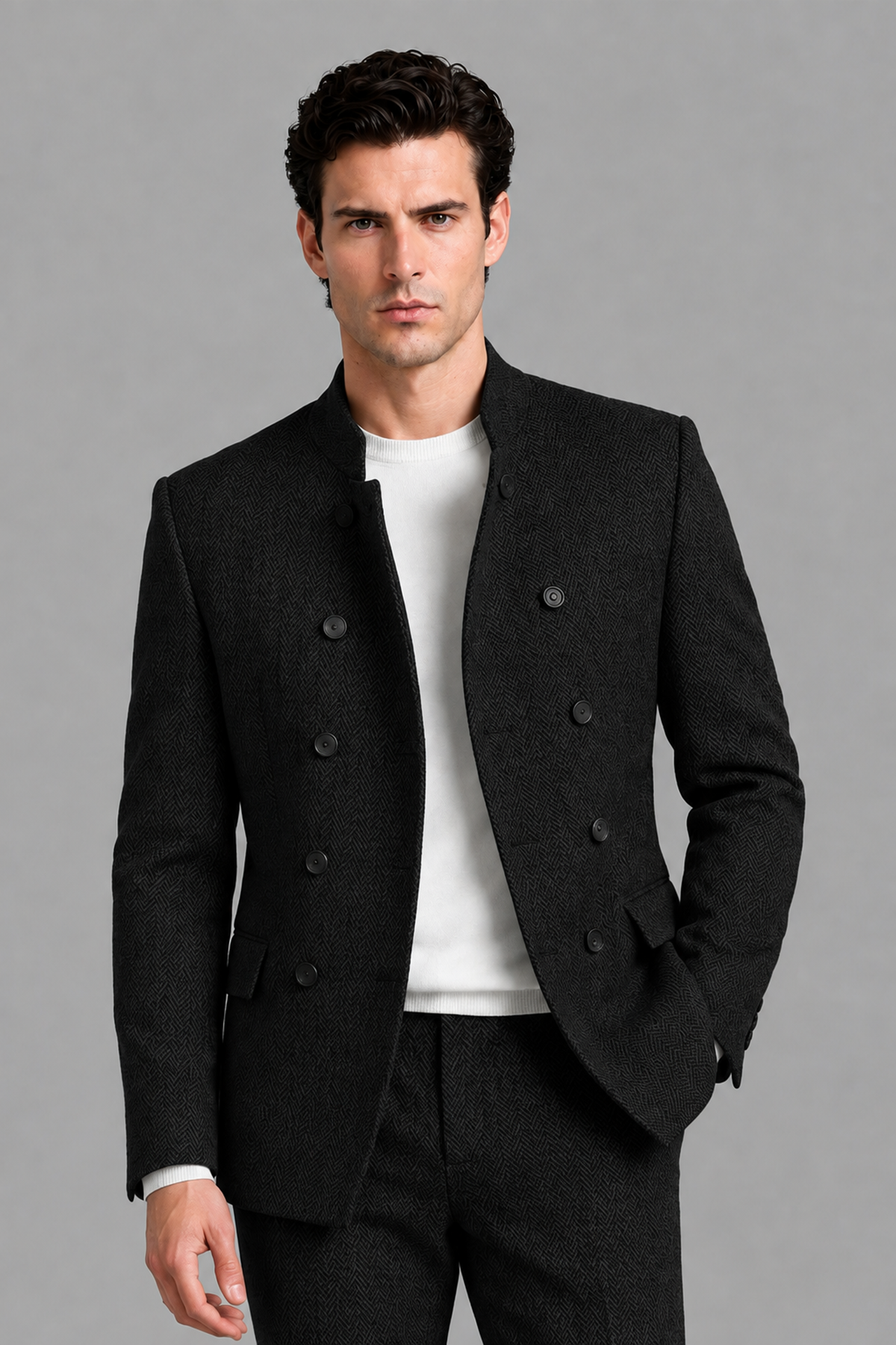 Savile Men's Black Stand Collar Double Breasted Slim Fit 2-Piece Suit Set – Jacket & Trousers | Wedding Gala Formal - Black