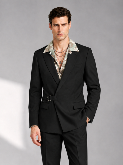 Savile Men's Black Belted Wrap 2-Piece Suit – Peak Lapel Blazer & Tailored Trousers - SUC060 - Black - Black_1