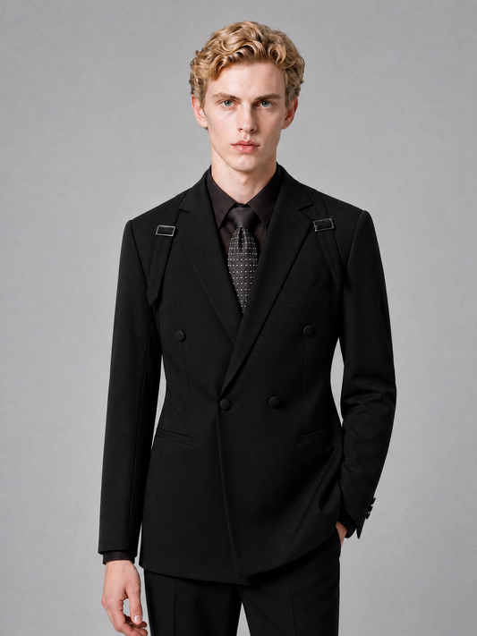 Men's Light Black Double-Breasted Slim Fit 2-Piece Suit – Peak Lapel Wedding & Business Formal Set - Black - Black_1
