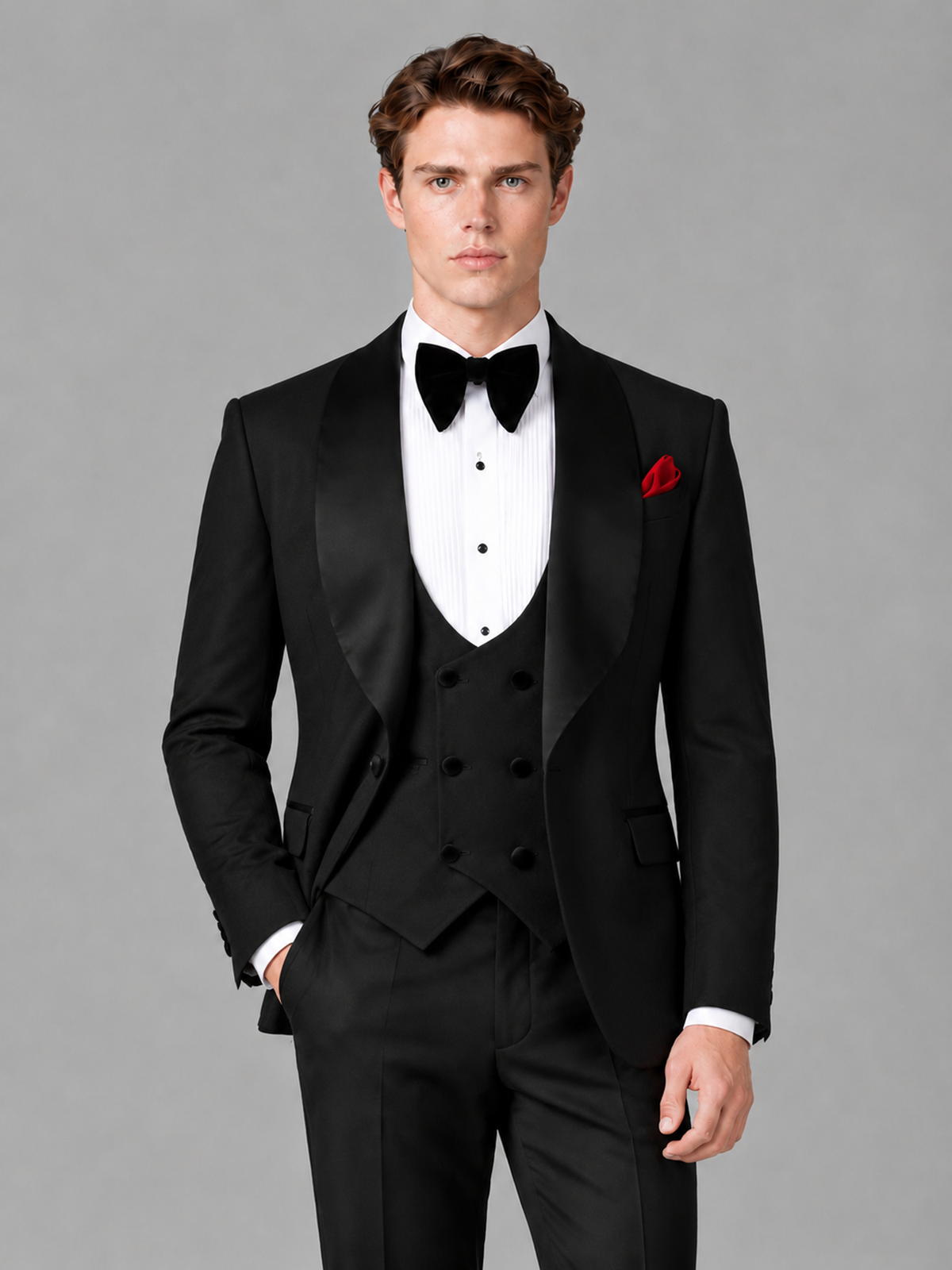 Savile Men's Black Houndstooth Shawl Lapel 3-Piece Tuxedo Suit Set – Jacket, Vest & Trousers - Black