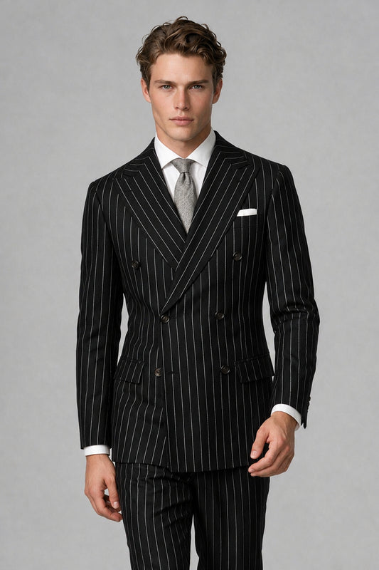 Savile Men's Black Pinstripe Double-Breasted 2-Piece Suit – Jacket & Trousers | QX0102 - Black