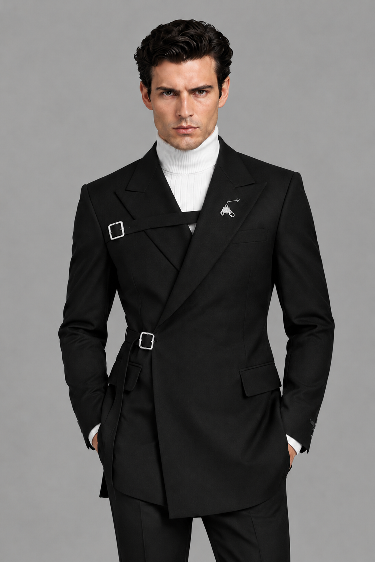 Savile Men's Black Double Buckle Wrap Belted 2-Piece Suit Set – Peak Lapel Slim-Fit Jacket & Trousers - Black - Black_1