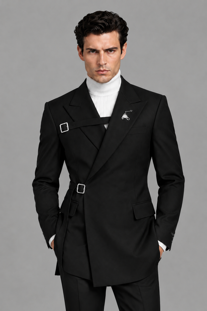 Savile Men's Black Double Buckle Wrap Belted 2-Piece Suit Set – Peak Lapel Slim-Fit Jacket & Trousers - Black - Black_1