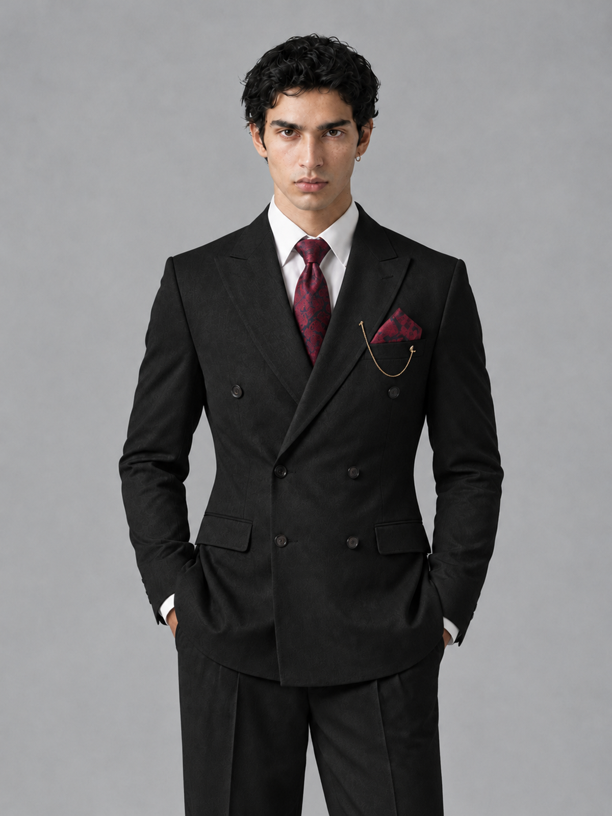 Savile Men's Black Double-Breasted 2-Piece Suit Set – Peak Lapel Blazer & Pleated Wide-Leg Trousers - Black - Black_1