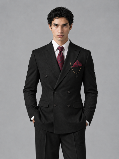 Savile Men's Black Double-Breasted 2-Piece Suit Set – Peak Lapel Blazer & Pleated Wide-Leg Trousers - Black - Black_1