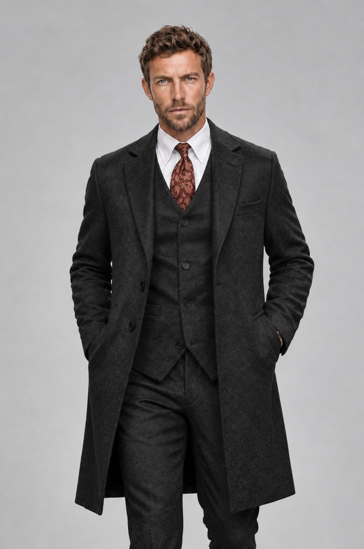 Savile Men's Black Grey 3-Piece Overcoat Suit Set – Notch Lapel Long Coat, Vest & Trousers - Black - Black_1