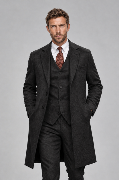 Savile Men's Black Grey 3-Piece Overcoat Suit Set – Notch Lapel Long Coat, Vest & Trousers - Black - Black_1