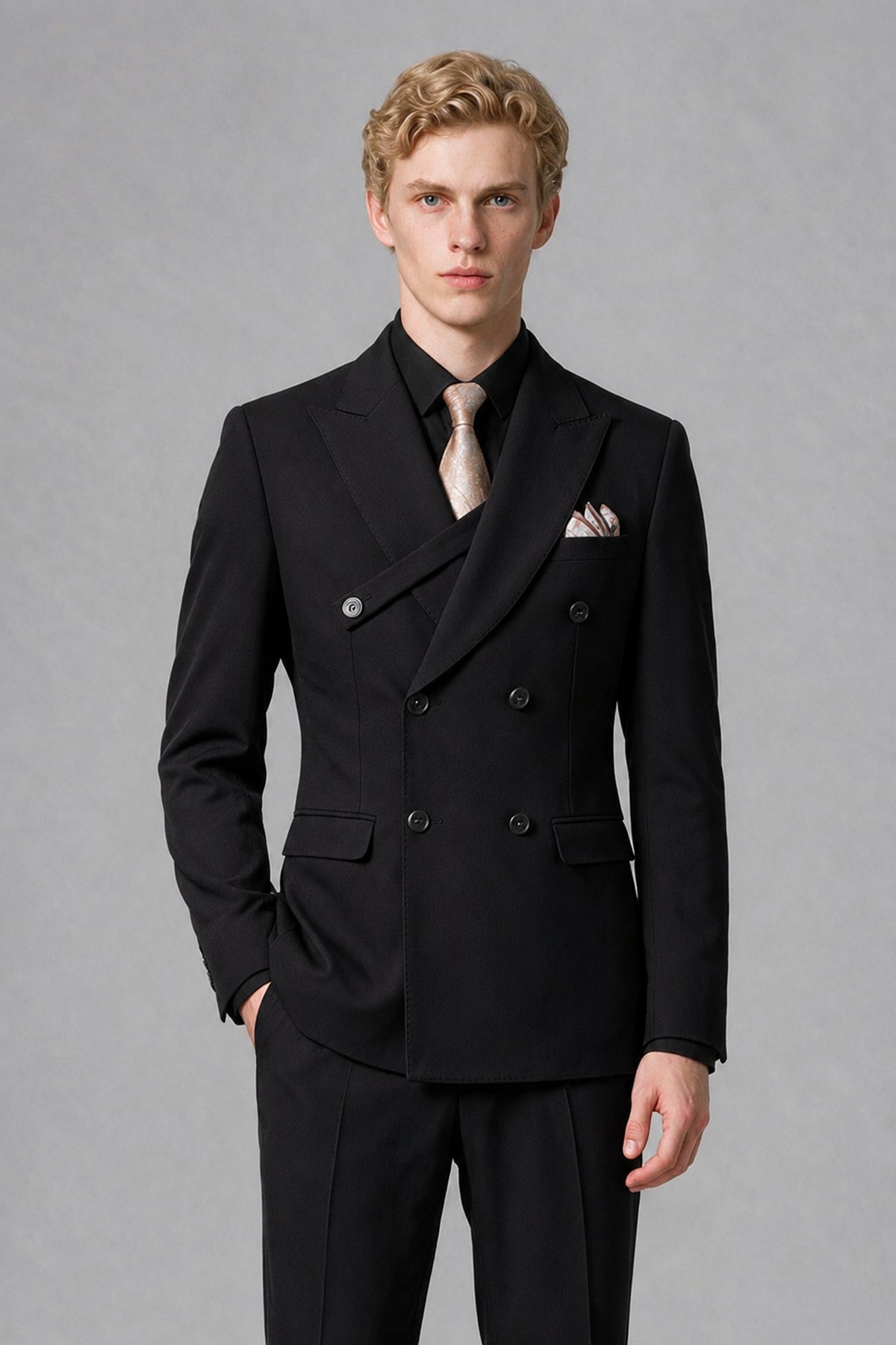 Savile Men's Black Double-Breasted Two-Piece Suit - Black