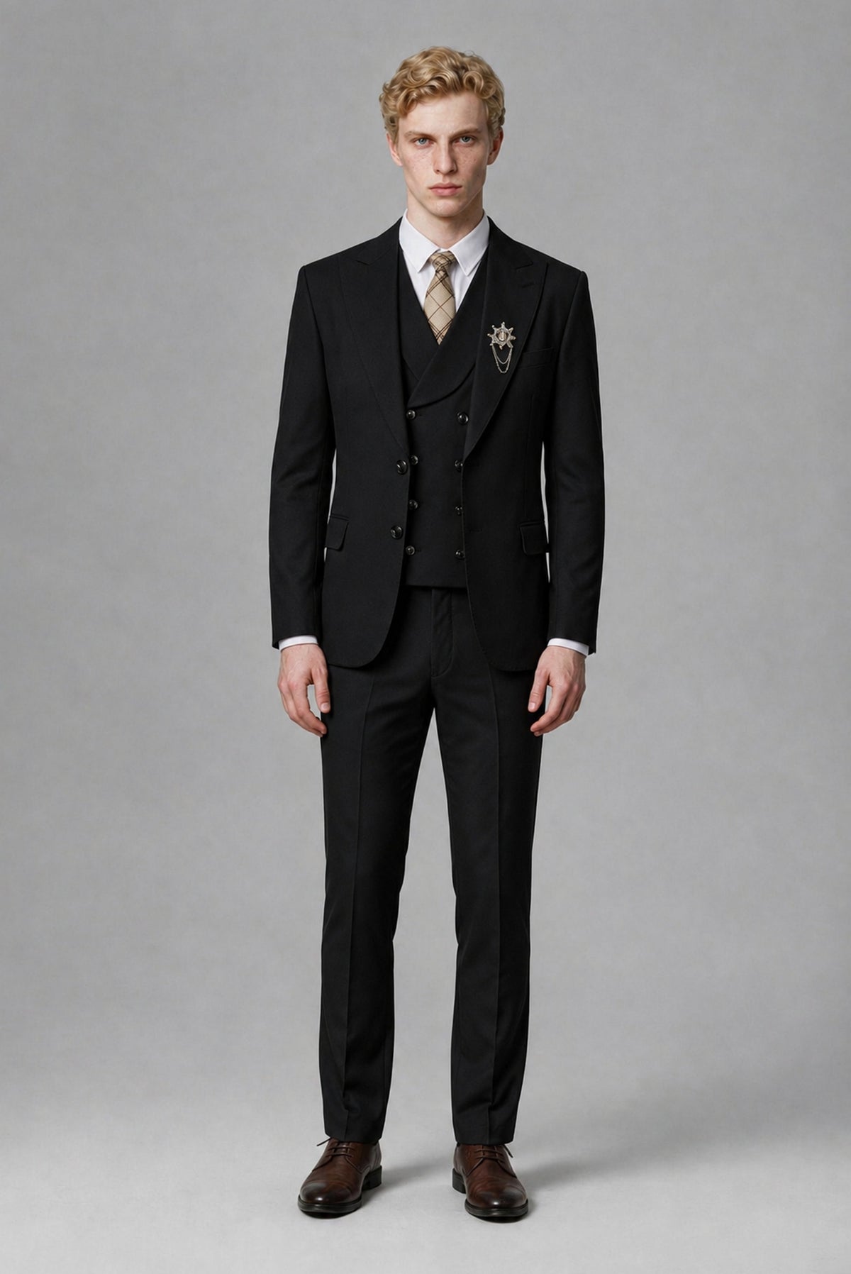 Savile Men's Black Three-Piece Wedding Suit with Double-Breasted Waistcoat - Black