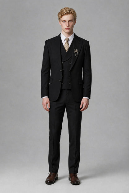 Savile Men's Black Three-Piece Wedding Suit with Double-Breasted Waistcoat - Black