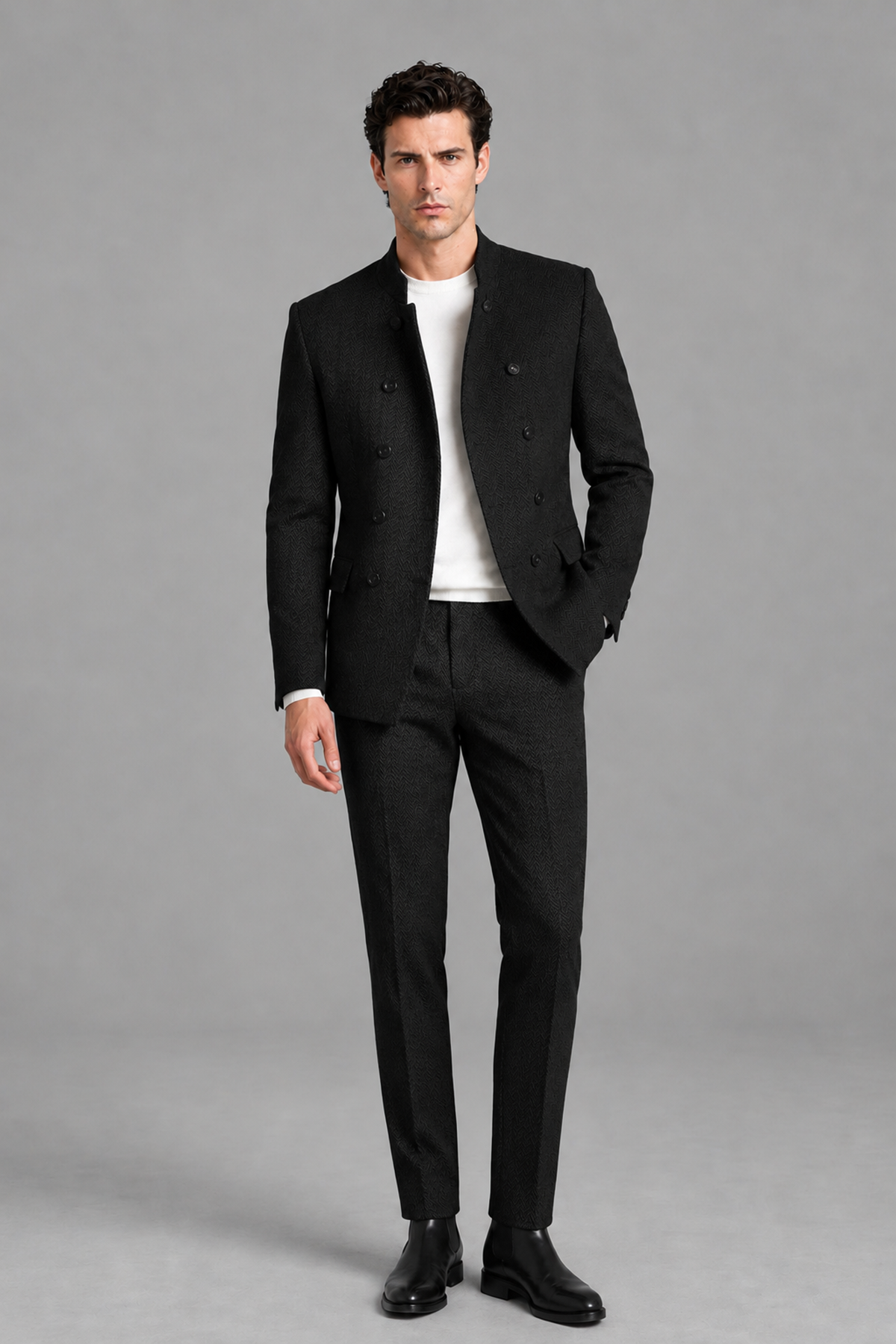 Savile Men's Black Stand Collar Double Breasted Slim Fit 2-Piece Suit Set – Jacket & Trousers | Wedding Gala Formal - Black