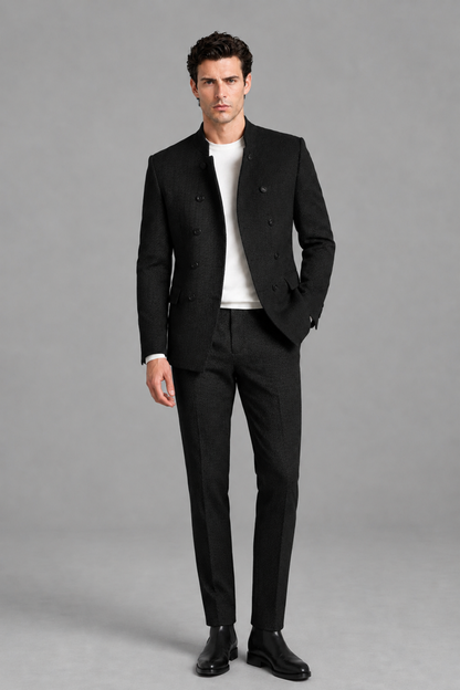 Savile Men's Black Stand Collar Double Breasted Slim Fit 2-Piece Suit Set – Jacket & Trousers | Wedding Gala Formal - Black