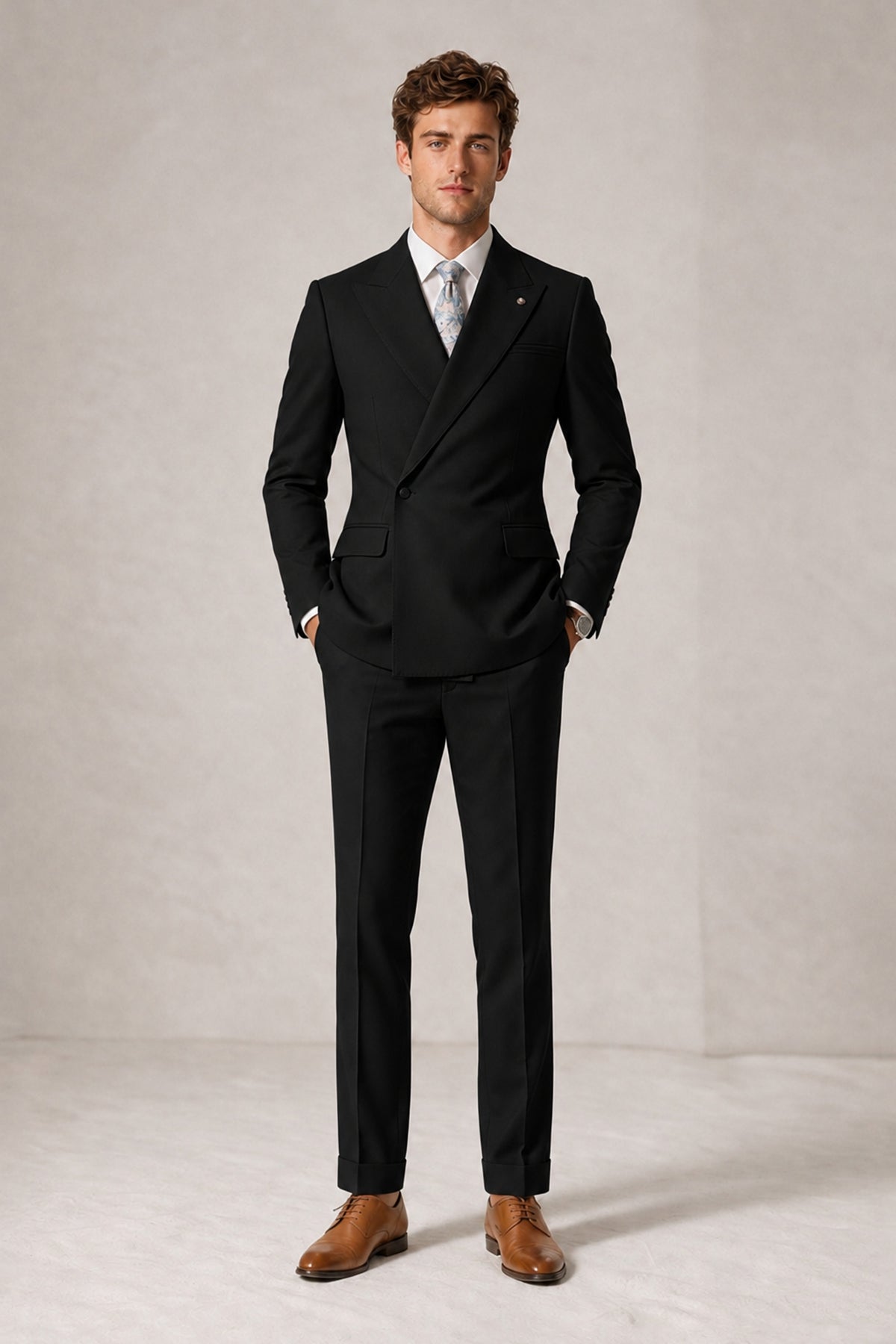 Savile Men's Black Double-Breasted Slim Fit 2-Piece Suit Set – Peak Lapel Blazer & Cuffed Trousers | Wedding Prom Formal - Black