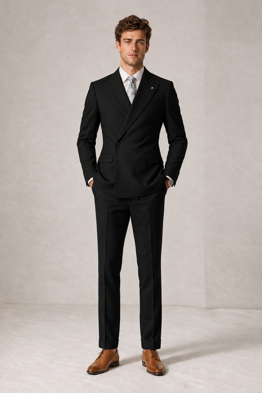 Savile Men's Black Double-Breasted Slim Fit 2-Piece Suit Set – Peak Lapel Blazer & Cuffed Trousers | Wedding Prom Formal - Black