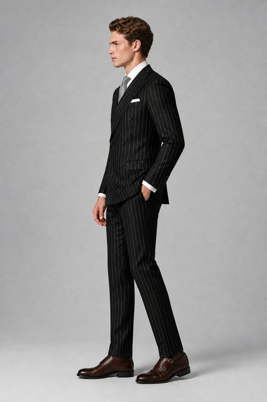 Savile Men's Black Pinstripe Double-Breasted 2-Piece Suit – Jacket & Trousers | QX0102 - Black