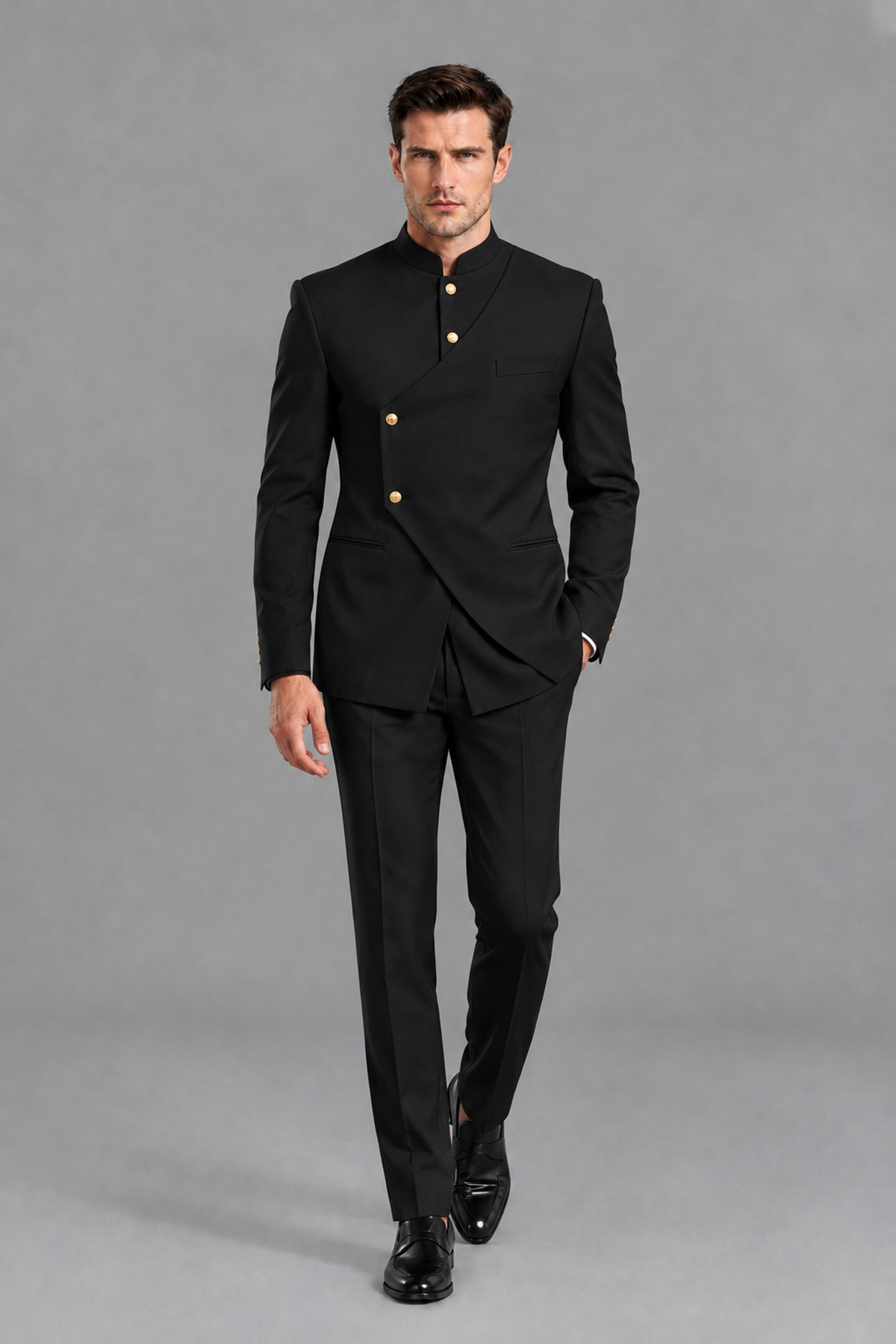 Savile Men's Black Asymmetrical Mandarin Collar Tuxedo Suit – Modern 2-Piece Gold Button Wedding, Prom & Gala Set - Black - Black_2
