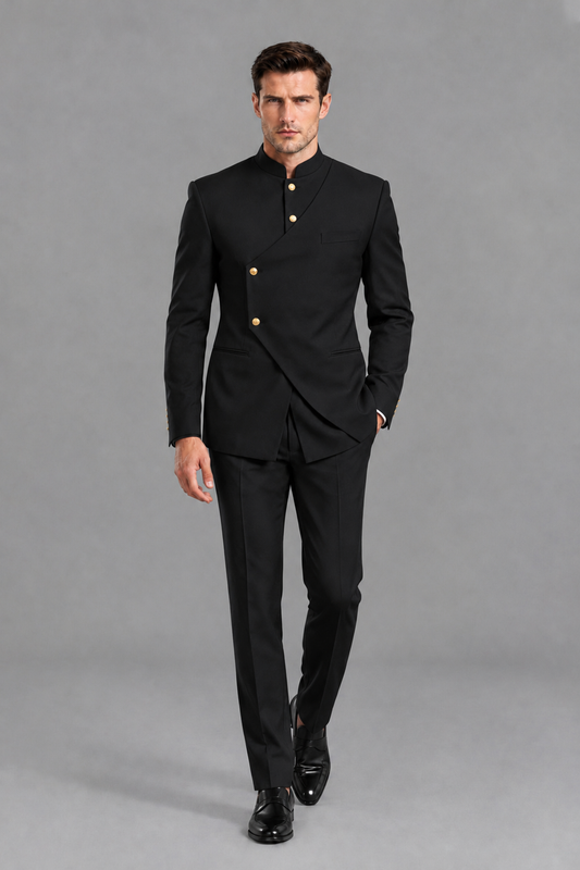 Savile Men's Black Asymmetrical Mandarin Collar Tuxedo Suit – Modern 2-Piece Gold Button Wedding, Prom & Gala Set - Black - Black_2