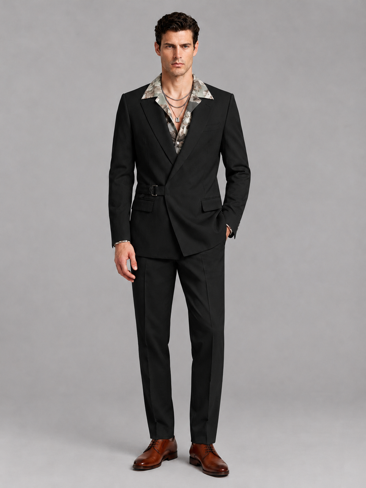 Savile Men's Black Belted Wrap 2-Piece Suit – Peak Lapel Blazer & Tailored Trousers - SUC060 - Black - Black_2