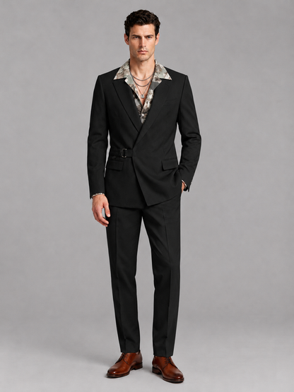 Savile Men's Black Belted Wrap 2-Piece Suit – Peak Lapel Blazer & Tailored Trousers - SUC060 - Black - Black_2
