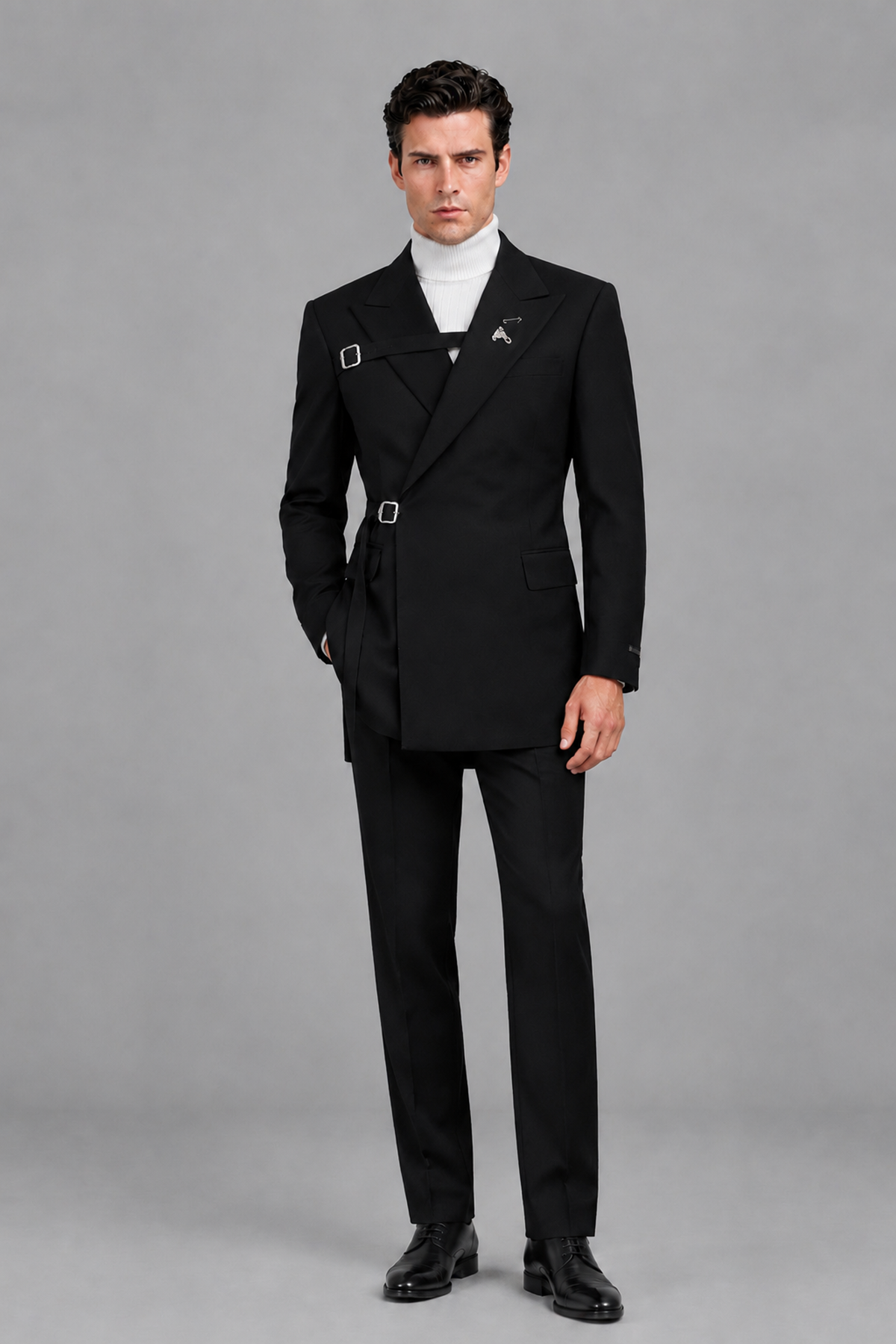 Savile Men's Black Double Buckle Wrap Belted 2-Piece Suit Set – Peak Lapel Slim-Fit Jacket & Trousers - Black - Black_2