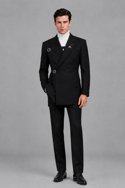 Savile Men's Black Double Buckle Wrap Belted 2-Piece Suit Set – Peak Lapel Slim-Fit Jacket & Trousers - Black - Black_2