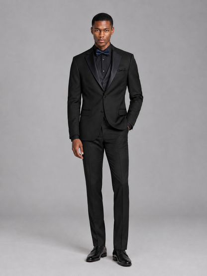 Savile Men's Black Contrast Shawl Lapel Tuxedo Suit – 3-Piece Wedding, Prom & Black-Tie Formal Set - Black - Black_2