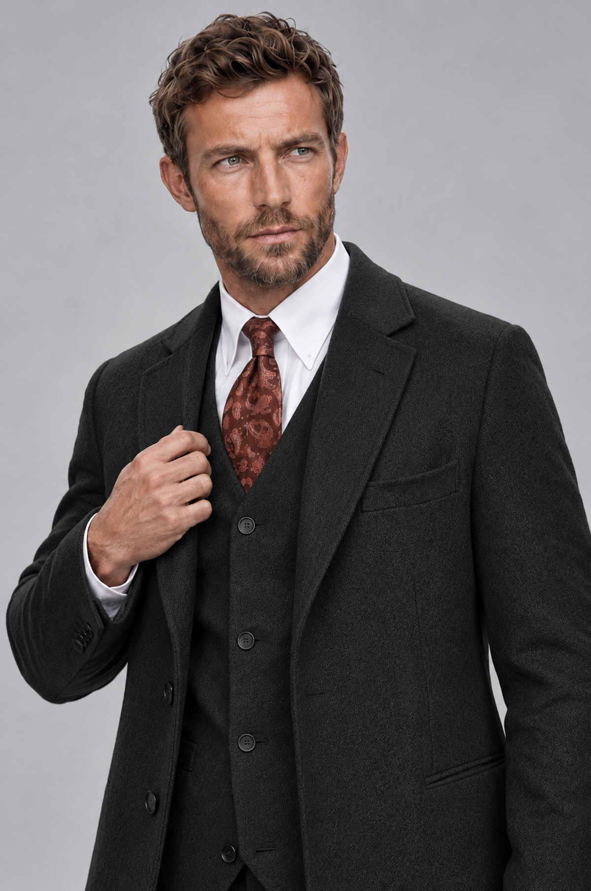 Savile Men's Black Grey 3-Piece Overcoat Suit Set – Notch Lapel Long Coat, Vest & Trousers - Black - Black_2