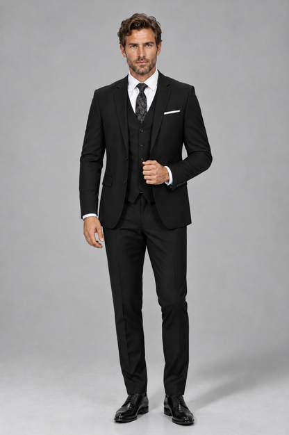 Savile Men's Black 3-Piece Suit Set – Notch Lapel Blazer, Vest & Trousers - Black - Black_2