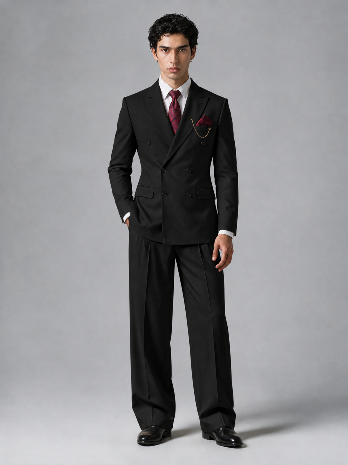 Savile Men's Black Double-Breasted 2-Piece Suit Set – Peak Lapel Blazer & Pleated Wide-Leg Trousers - Black - Black_2
